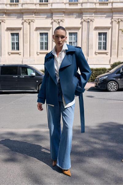 SERHANE Dark Blue Double-Breasted Belted Gabardine Premium Medium-Length Trench Coat