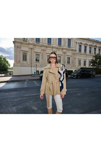 SERHANE Bej Kruvaze Belted Gabardine Premium Medium-Length Trench Coat