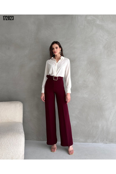Modayakamoz New Season Women's High Waist Crepe Fabric Full Lycra Spanish Leg Pants Including Belt