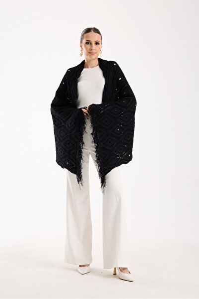 OCEAN KNITWEAR SİYAH PÜSKÜLLÜ AJURLU ŞAL