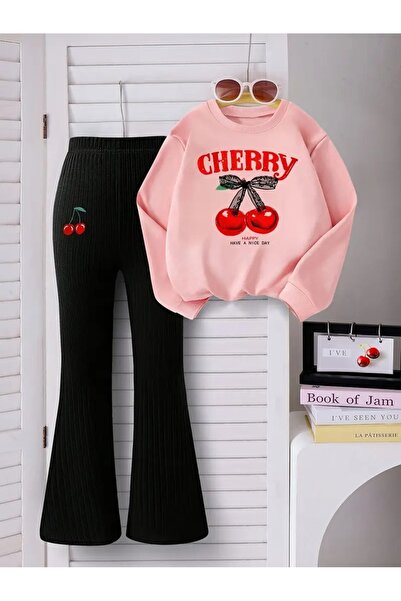 buendiakids Kız Çocuk Kiraz Baskılı Bisiklet Yaka İspanyol Paça Pantolon Takım