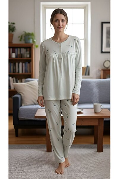 Nena 100% Cotton Long Sleeve Robe Floral Pattern Pajama Set-14618