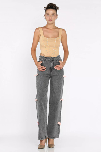 julude Anthracite Bow Detail High Waist Wide Leg Women's Jean Denim Pants
