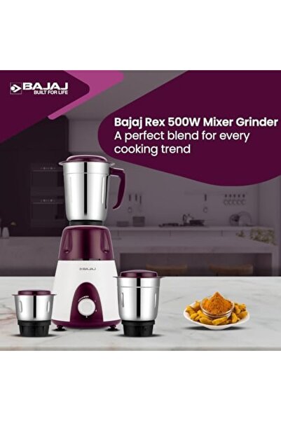 Bajaj خلاط ومطحنة ريكس ٥٠٠ واط | خلاط للمطبخ مع ميزات نيوتري برو | ٣ برطمانات خلط من الفولاذ المقاوم للصدأ للاستخدام الشاق