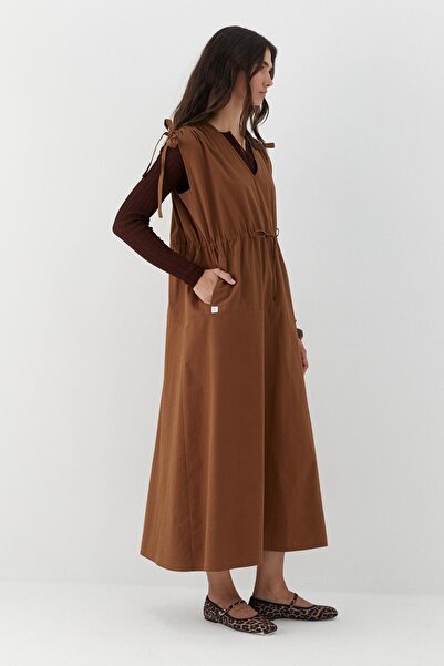 MARKALİSTE Drawstring Detailed V-Neck Dress Brown