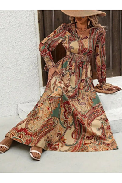 Kokosh moda Women's Uzn Sleeve V-Neck Elastic Waist Single Jersey Maxi Dress