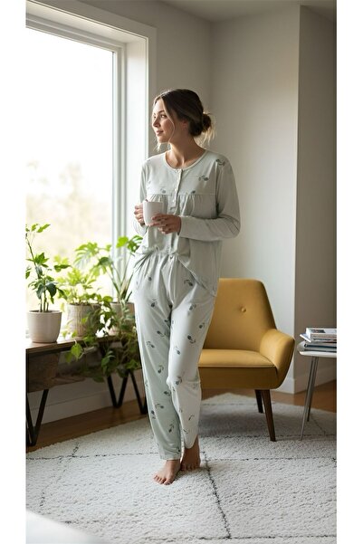 Nena 100% Cotton Long Sleeve Robe Floral Pattern Pajama Set-14618