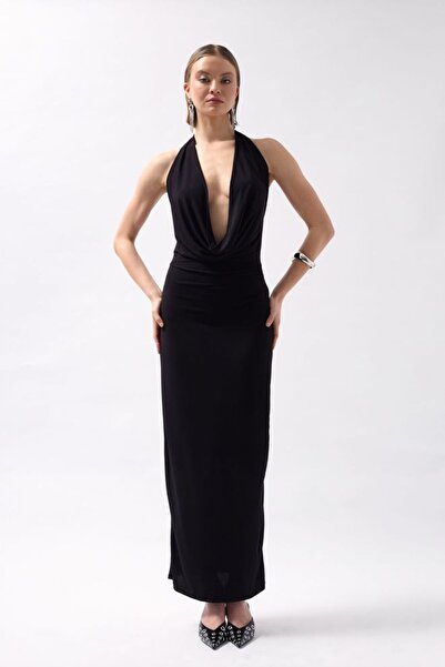 OEM Μαύρο μακρύ φόρεμα με σάλι, διακοσμητικό ντεκολτέ, ελαστικό υλικό, M INTL