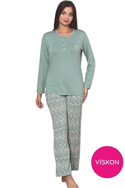 bie's Γυναικείο Σετ Πιτζάμες Πράσινο Ethnic Σχέδιο 3 κουμπιά ελαστικό ύφασμα βισκόζη ελαφρύ μακρυμάνικο