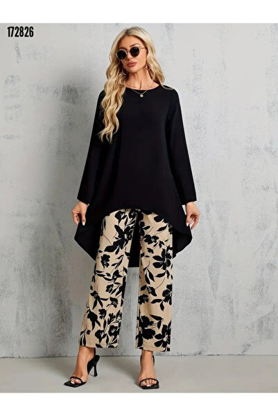 Modayakamoz Kadın Desenli Pantolon Takım – Asimetrik Detaylı Bluz ile Kombin