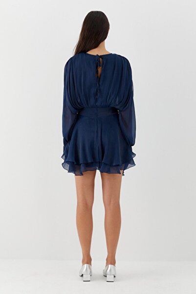 MARKALİSTE Φόρεμα σιφόν με λεπτομέρεια βολάν και λουράκι σε μπλε ναυτικό