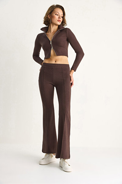 Bianco Lucci Women's Ribbed Knitted Fabric Double Zipper Detail Turtleneck Bottom-Top Set 2421 60284063