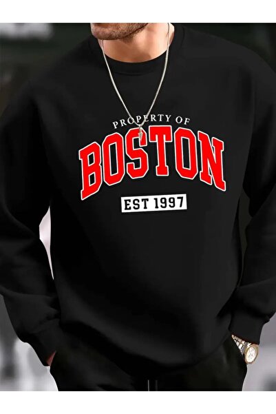 Pazarcan    بلوزة رجالية بأكمام طويلة ورقبة دائرية من بوسطن مكتوبة بخيطين