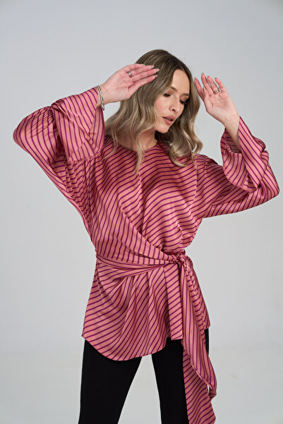 Couture de Marie Bluză cu dungi roz, talie cu cordon, mânecă clopot – Mella