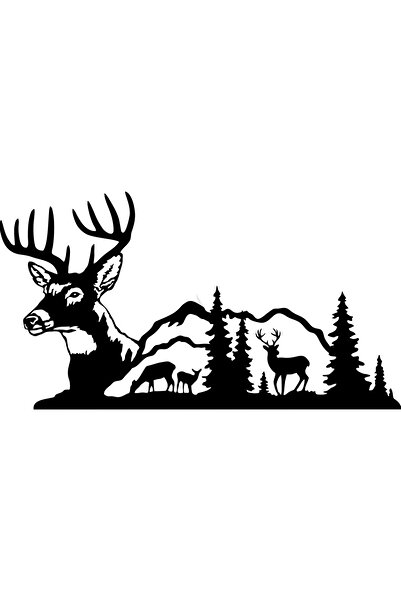 OEM Decor perete Munte cu Cerbi HH701 din lemn - 46 L x 25 H (cm)