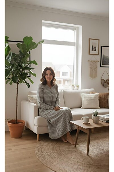 Nena %100 Pamuk Uzun Kol Ev Elbisesi Kaz Ayağı Desenli Gri