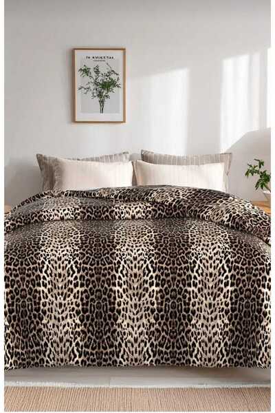 KURANSOY HOME Leopar Desenli , Jakarlı Ve Baskılı %100 Pamuk Çift Kişilik Pik...