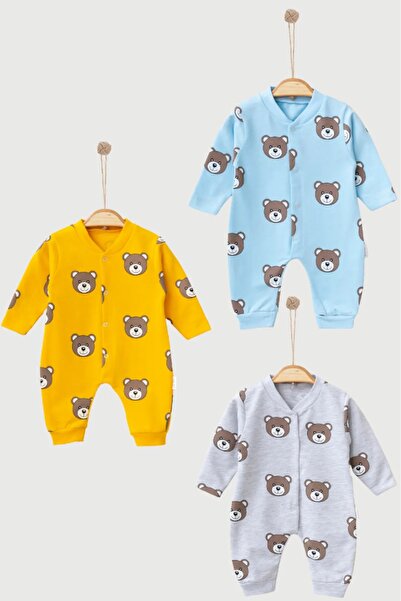 DEFNE LİNA BABY 100% Cotton Teddy Bear Patterned 3-Piece Jumpsuit