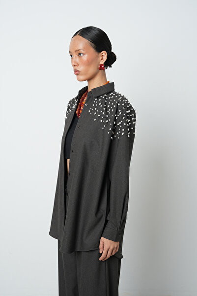 Orfeo Negro Γυναικείο πουκάμισο ρόμπα με πέτρινο κέντημα Oversize Cut Hijab