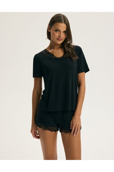ESOTIQ Women's Pajama Set Loungewear 2-Piece T-Shirt & Shorts with Lace Details | Canti