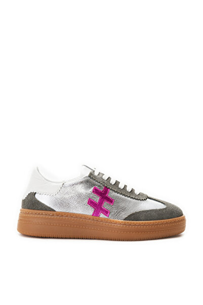 LOS SHOES حذاء رياضي يومي متعدد الاستخدامات من الجلد الطبيعي باللون الفضي