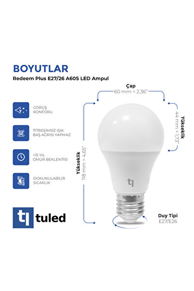 Tuled Redeem Plus A60S E27 LED Ampul, Titreşimsiz, Göz Konforu, 655 Lümen, Tatlı Beyaz, 3500 Kelvin