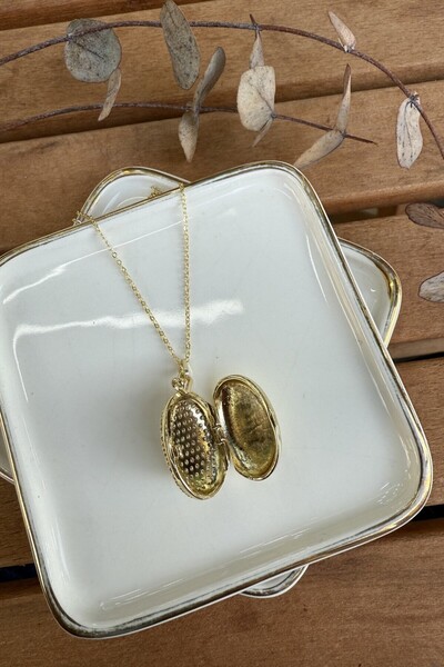 My Joyas Design 14K Altın Kaplama Zirkon Taşlı Oval Plaka Üzeri Madalyon Kolye Gold 56cm