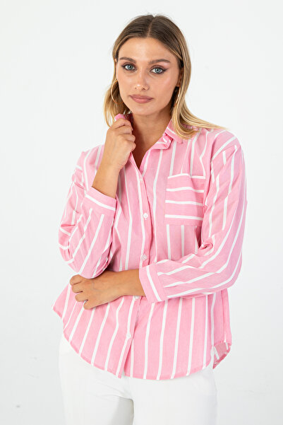 Nuevo Cămașă oversize roz cu dungi albe pentru femei – Croială confortabilă, ...