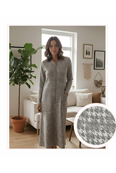 Nena %100 Pamuk Uzun Kol Ev Elbisesi Kaz Ayağı Desenli Gri