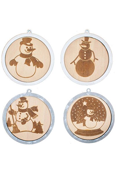 OEM Set 4 globuri de Craciun HH891 din Lemn Model Om de Zapada