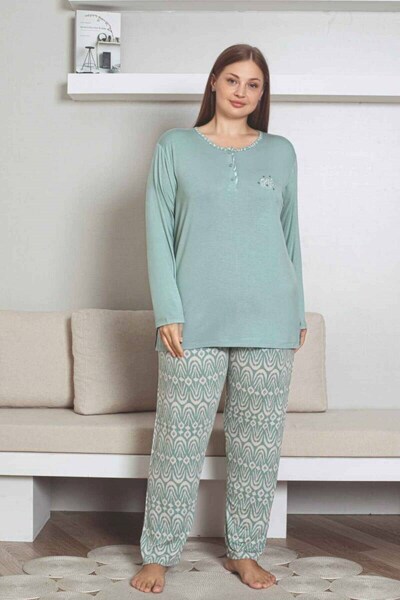 ALİMER Women's Green Ethnic Pattern 3-Button Stretch Fabric Viscose Transitional Long Sleeve Pajama Set