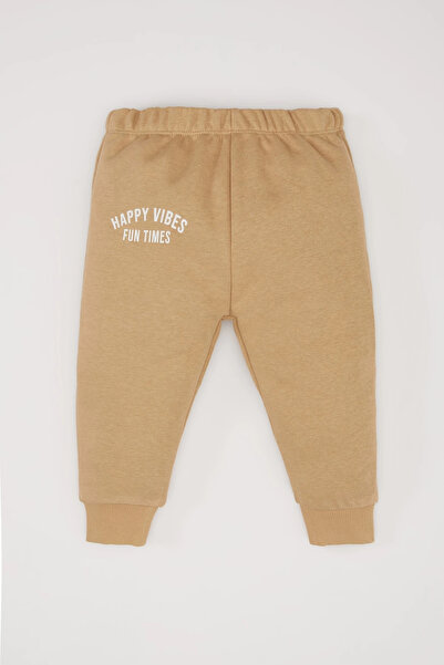 DeFacto D7907 Beige Baby Boy 2-Piece Set Crew Neck Printed Sweatshirt Elastic Waist Sweatpants