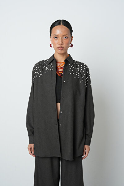 Orfeo Negro Γυναικείο πουκάμισο ρόμπα με πέτρινο κέντημα Oversize Cut Hijab