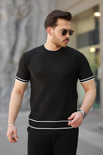 HAZEGO Men's Jacquard Ribbed Short Sleeve T-Shirt