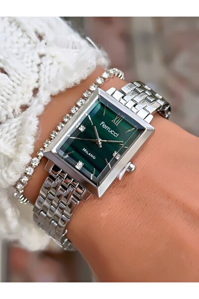 Ferrucci ساعة يد نسائية بسوار فولاذي مربع الشكل مقاومة للماء حتى 3 ATM مع ضما...