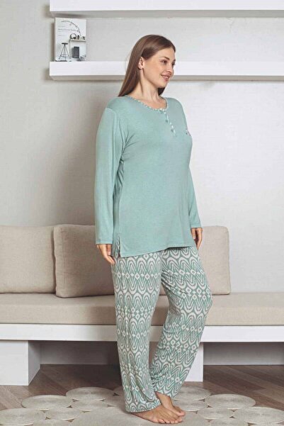 bie's Women's Green Ethnic Pattern 3-Button Stretch Fabric Viscose Transitional Long Sleeve Pajama Set