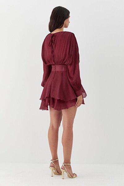 MARKALİSTE Φόρεμα σιφόν με λεπτομέρεια βολάν και λουράκια μπορντό