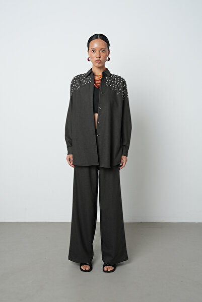 Orfeo Negro Women's Robe Stone Embroidered Oversize Cut Hijab Shirt