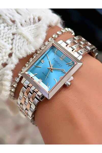 Ferrucci ساعة يد نسائية بسوار فولاذي مربع الشكل مقاومة للماء حتى 3 ATM مع ضما...