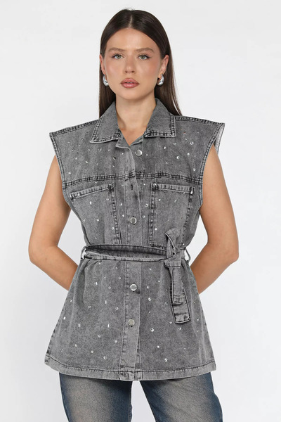 julude Anthracite Women's Staple Detailed Waist Belted Double Pocket Jean Denim Vest