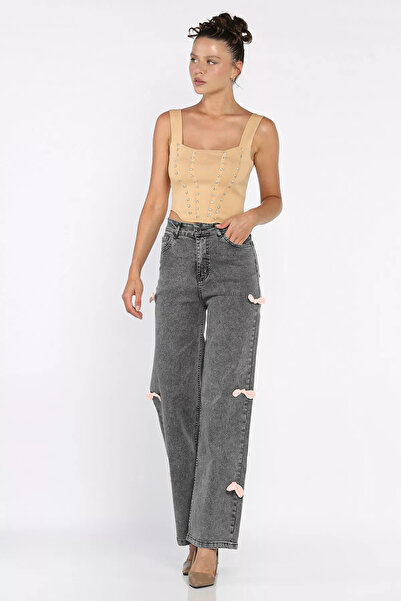 julude Anthracite Bow Detail High Waist Wide Leg Women's Jean Denim Pants