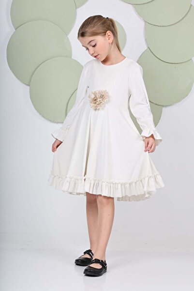 TAMGÜN فستان مخملي للفتيات بلون كريمي بتصميم أنيق ومريح