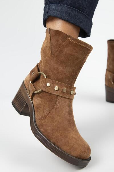 Manijero (Lukka) Kadın Hakiki Deri Biker Troklu Taba Bot