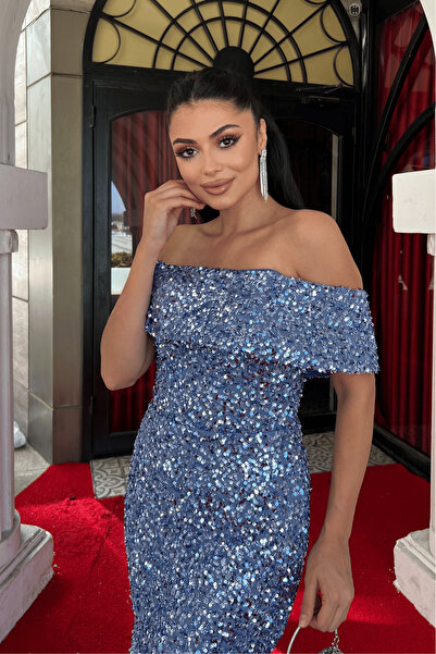 giyimmasalı Sequin Fabric Boat Neck Pencil Dress - Baby Blue