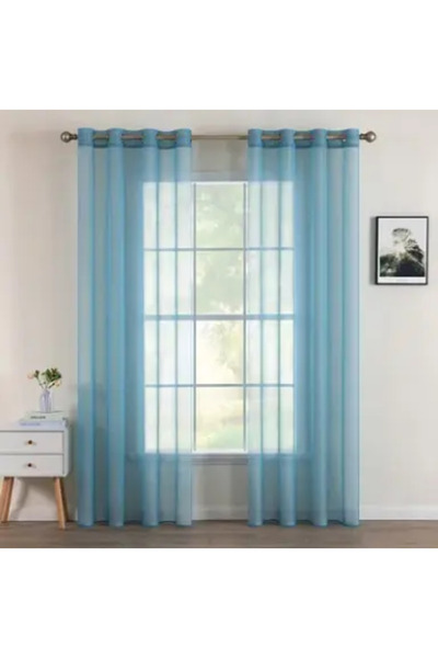 OEM Set 2 x perdele transparente, cu inele de prindere, poliester, albastru-gri, 140x280cm