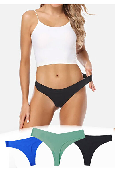 PriStyle Set of 3 Premium Women's Panties Made of Synthetic Silk, Seamless, Thong Type, Turquoise, Blue, Black,