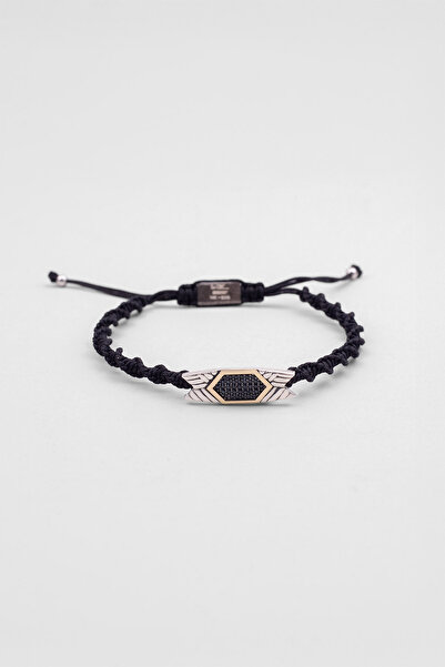 So CHIC... Siyah İpli 14 Ayar Altın Erkek Ayarlanabilir Gümüş İpli Bileklik
