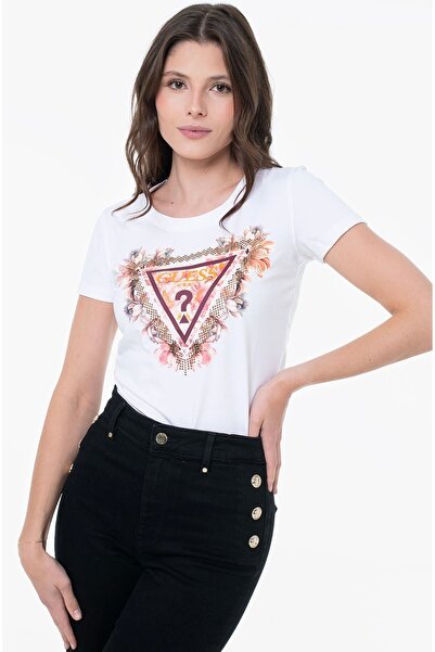 Guess Γυναικείο μπλουζάκι Triangle White Slim Fit W5YI08J1314-G011