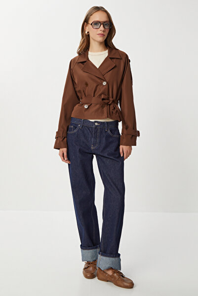 Lovelyİstanbul Double-Breasted Short Trench Coat Ldd0128 Brown