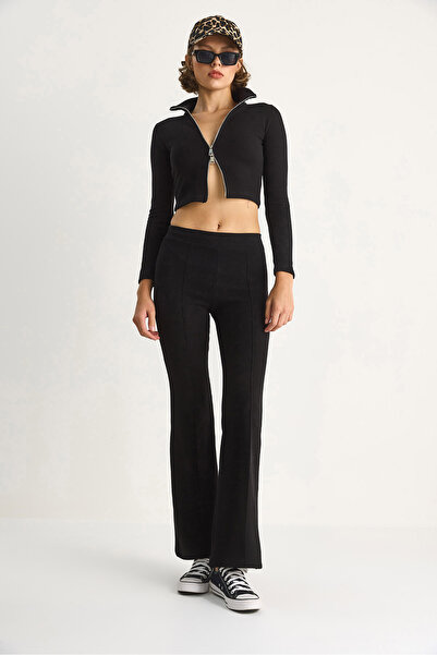 Bianco Lucci Women's Ribbed Knitted Fabric Double Zipper Detail Turtleneck Bottom-Top Set 2421 60284063